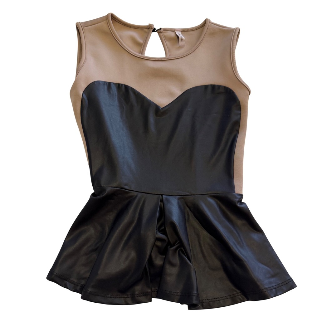 Auditions Fashion Faux Leather Peplum Top Tan Black Sleeveless Keyhole Back S